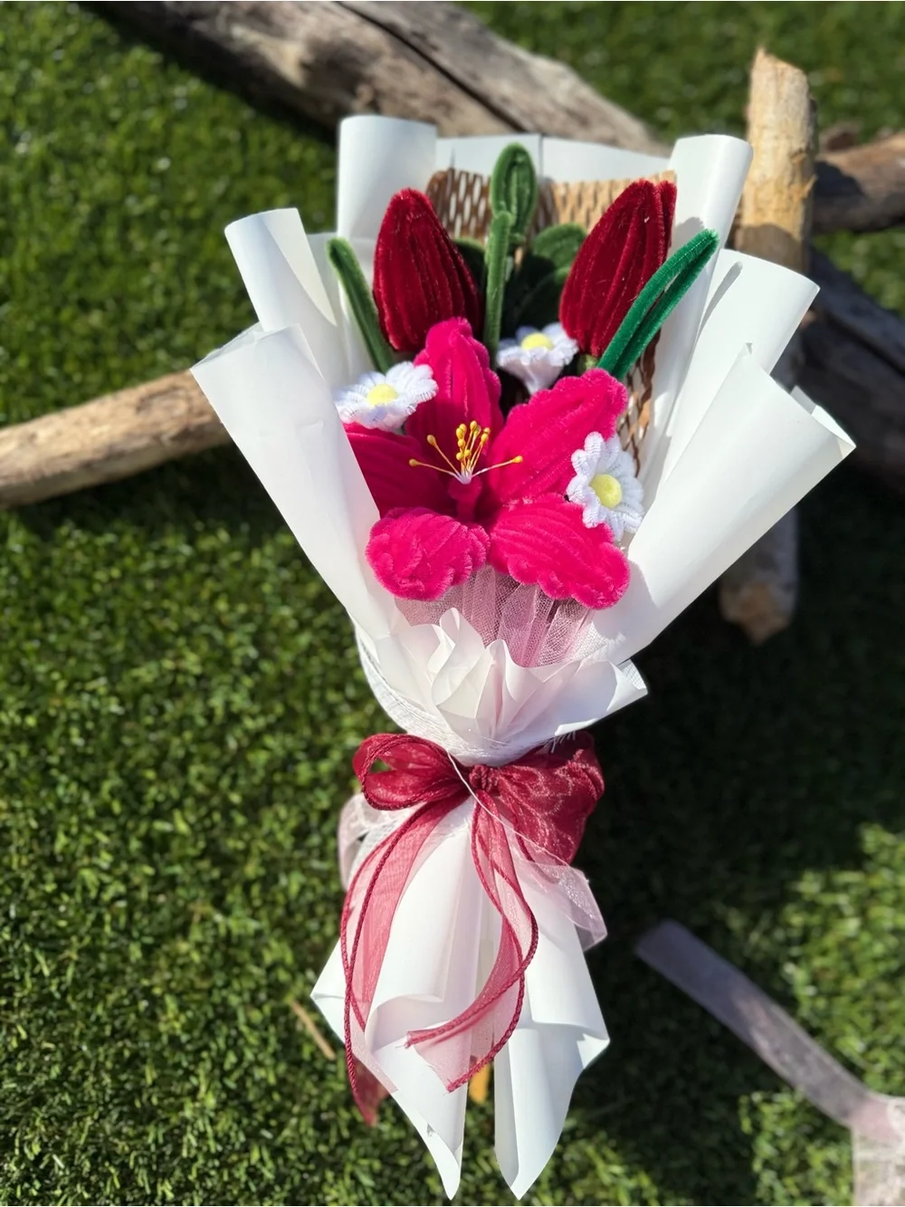 Pink Velvet Flower Holiday Garland Bouquet with White Accents